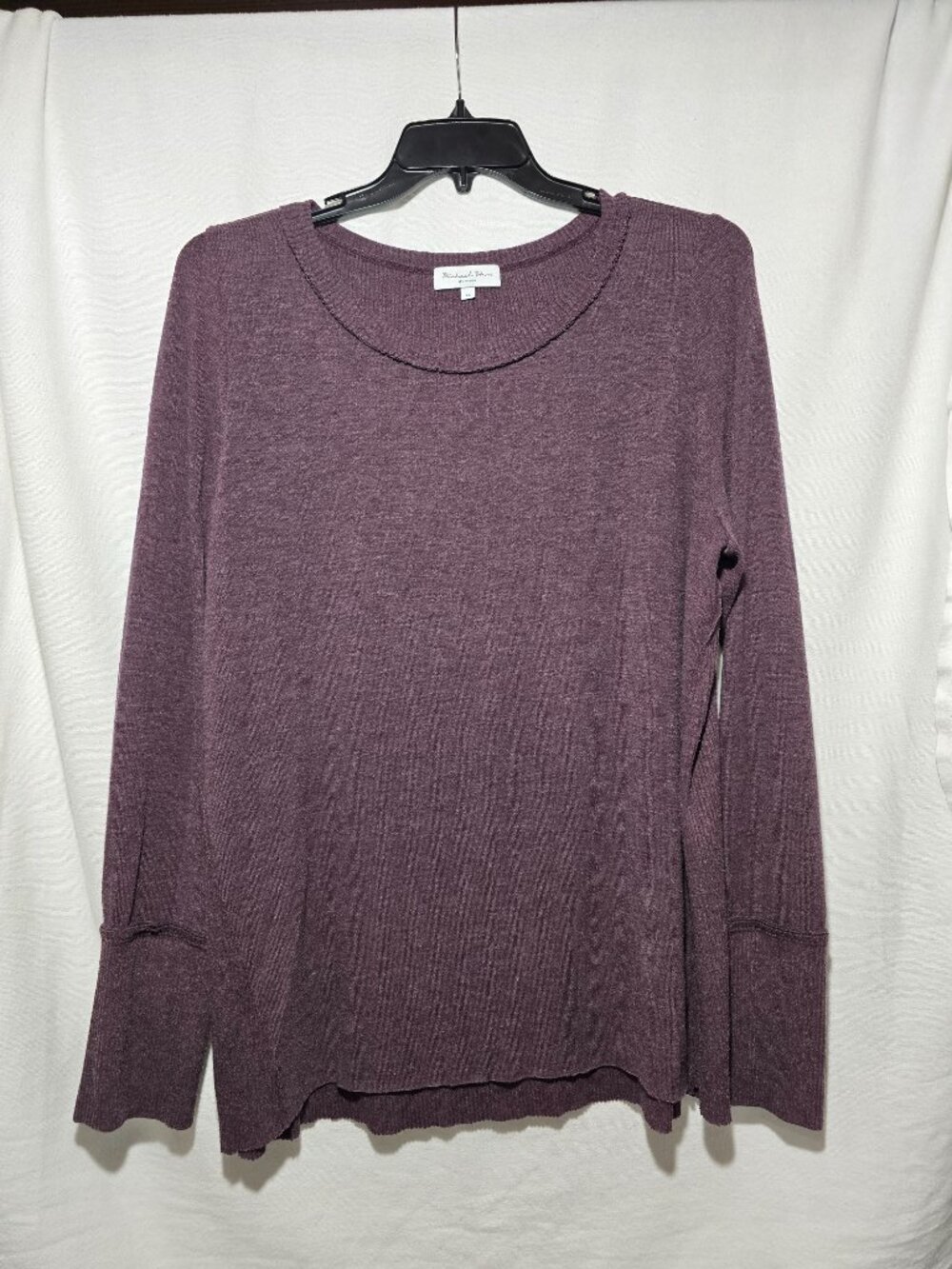 Michael Stars Purple Long Sleeve Ribbed Top Women's Size XL Raw Edge Hem GUC